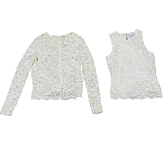 California Style Womens 2 Piece Blouse Sleeveless Ivory Lace Size Small Cardigan - Picture 12 of 14